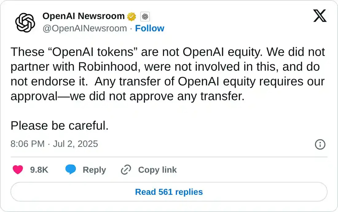 OpenAI warns tokenized stocks on Robinhood are not equity OpenAI warns tokenized stocks on Robinhood are not equity