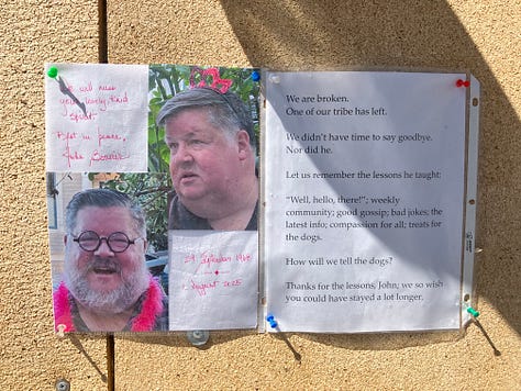 images of my fiend john and some text reading on one page "we will miss your lovely kind spirit Rest in Peace John Bouvier" and another page of text which I will enter later when I get back