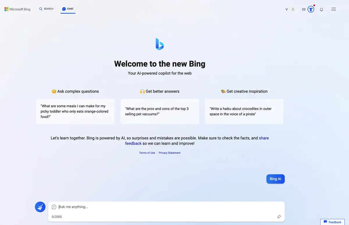 A screnshot of Bing's new chat interface, powered by ChatGPT.