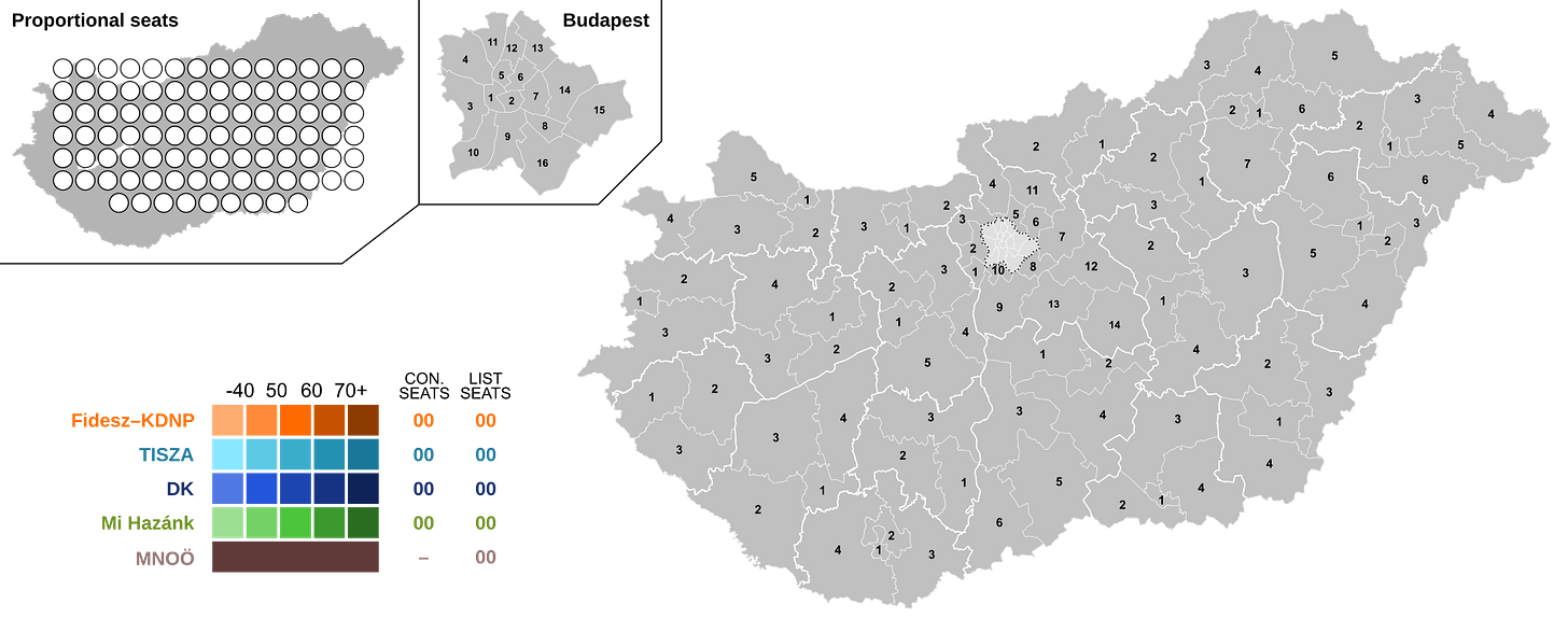 Map of Hungary showing the results of the 2026 parliamentary election by single-member constituency, with each district coloured by the winning party. Darker shades indicate a larger vote share, and a small inset in the top left shows the national proportional list result. Map of Hungary showing the results of the 2026 parliamentary election by single-member constituency, with each district coloured by the winning party. Darker shades indicate a larger vote share, and a small inset in the top left shows the national proportional list result.