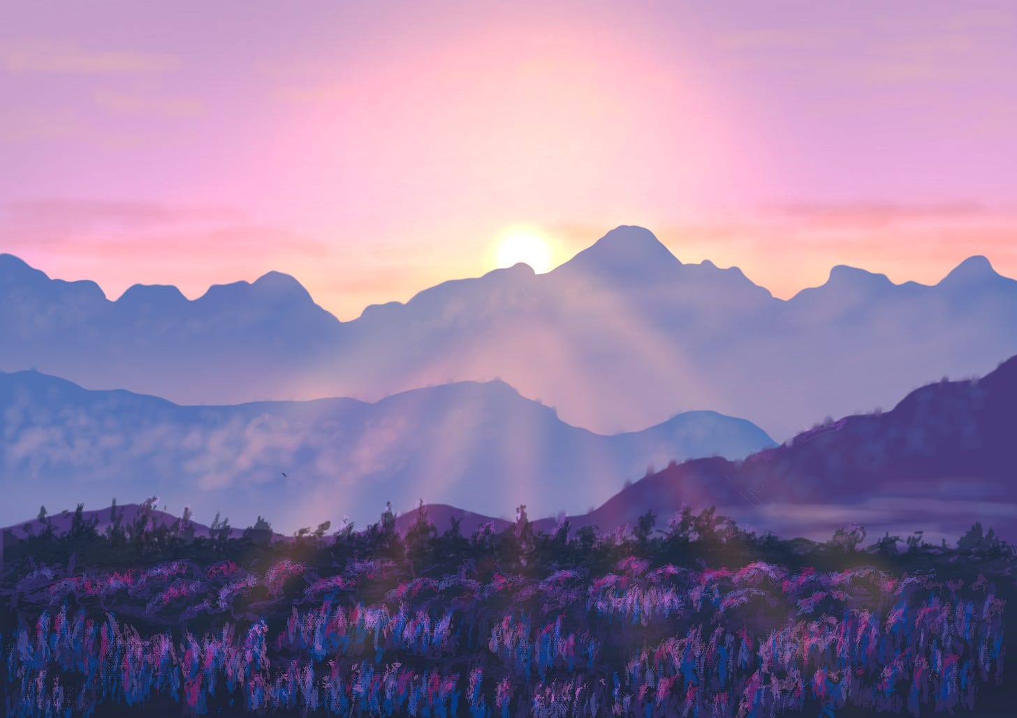 Sunrise over purple hills