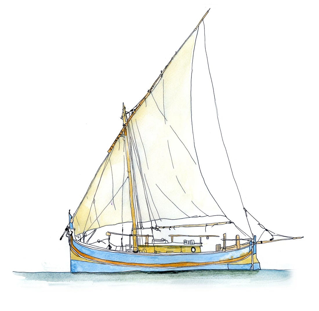 Ink and watercolor sketch of a Maltese settee-rigged boat from Gozo. Ink and watercolor sketch of a Maltese settee-rigged boat from Gozo.
