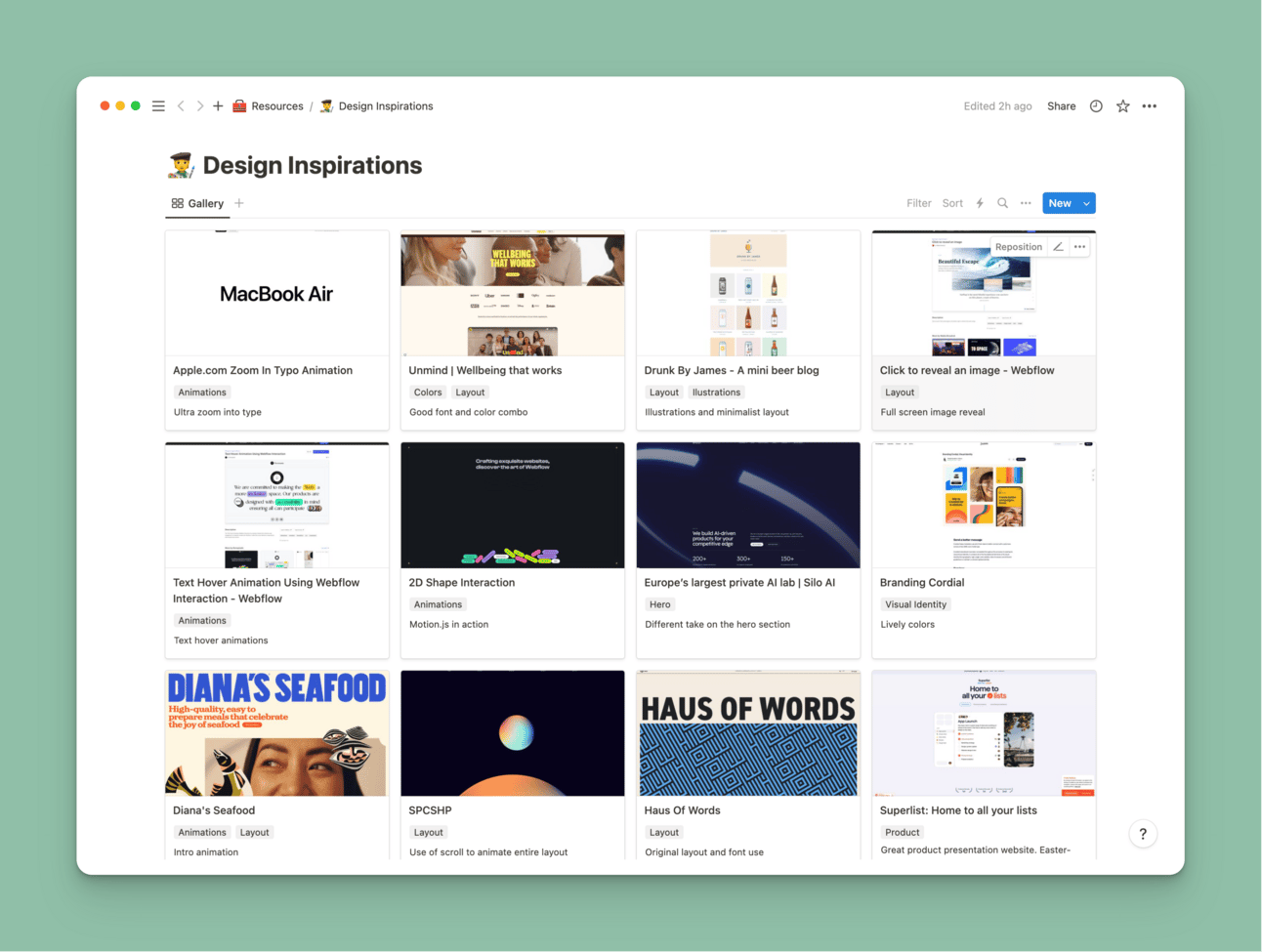 Screenshot of my Notion design inspiration boards
