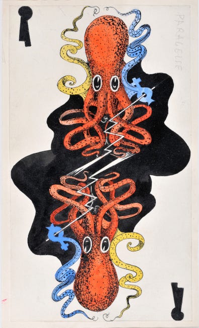 Un poulpe dessiné en rouge, avec des grands yeux ronds de dessin animé. Deux de ses tentacules, une jaune et une bleue, s'élancent autour de sa tête comme des volutes de fumée.