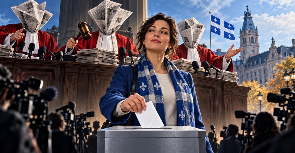 Image actuelle : Illustration satirique d’une électrice déposant son bulletin devant des juges aux têtes de journaux, avec le parlement de Québec en arrière-plan.