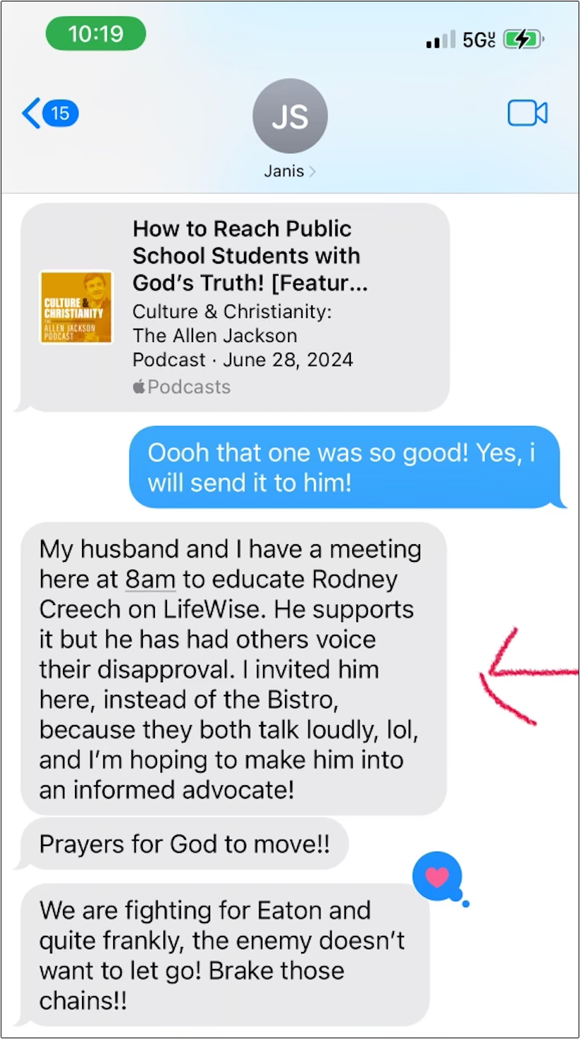 Undated text from LifeWise Tri-County North director Jan Seibel mentioning socializing with Rep. Rodney Creech.