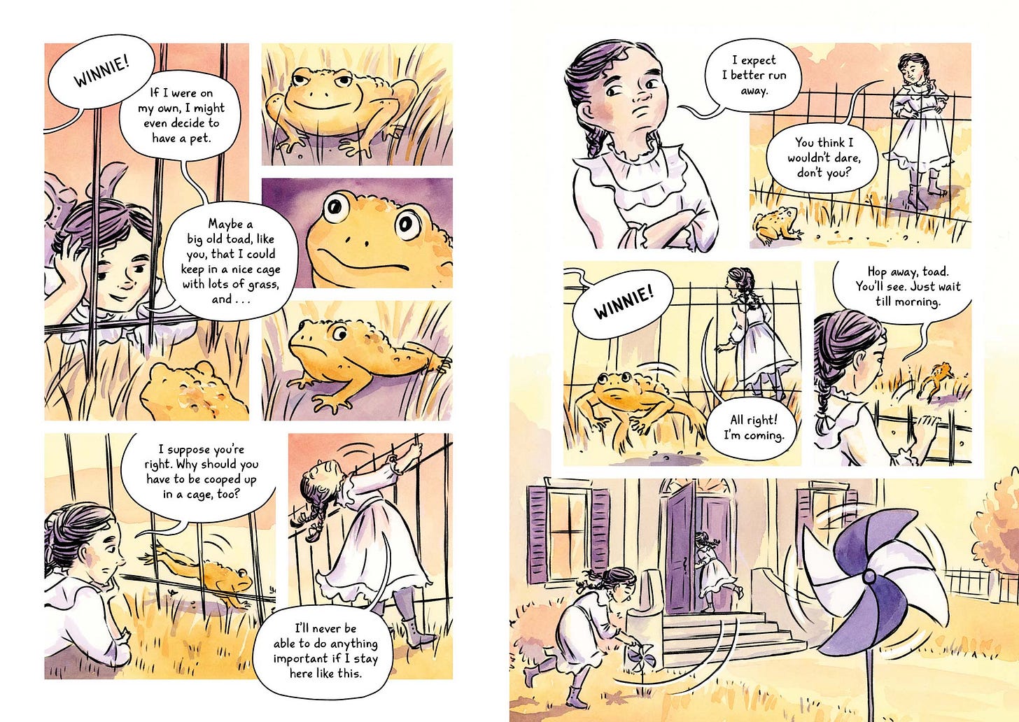 Finalized watercolor pages from graphic novelist K. Woodman-Maynard's adaptation of Tuck Everlasting.  