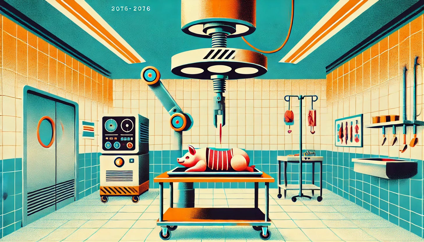 A retrofuturist poster illustration featuring an empty, sterile room with an industrial robot arm butchering a pig delivered on a trolley. The room is clean and minimalistic, with no additional elements or lighting from the top. The overall aesthetic blends retro and futuristic elements, with bold colors and a lively atmosphere. The style matches the previous reference image, creating a whimsical and lively environment.