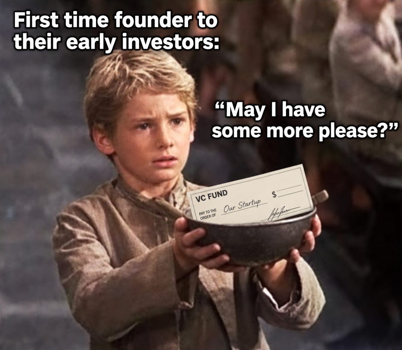 First-time founder holds out a bowl containing a VC cheque, asking early investors for more funding. First-time founder holds out a bowl containing a VC cheque, asking early investors for more funding.