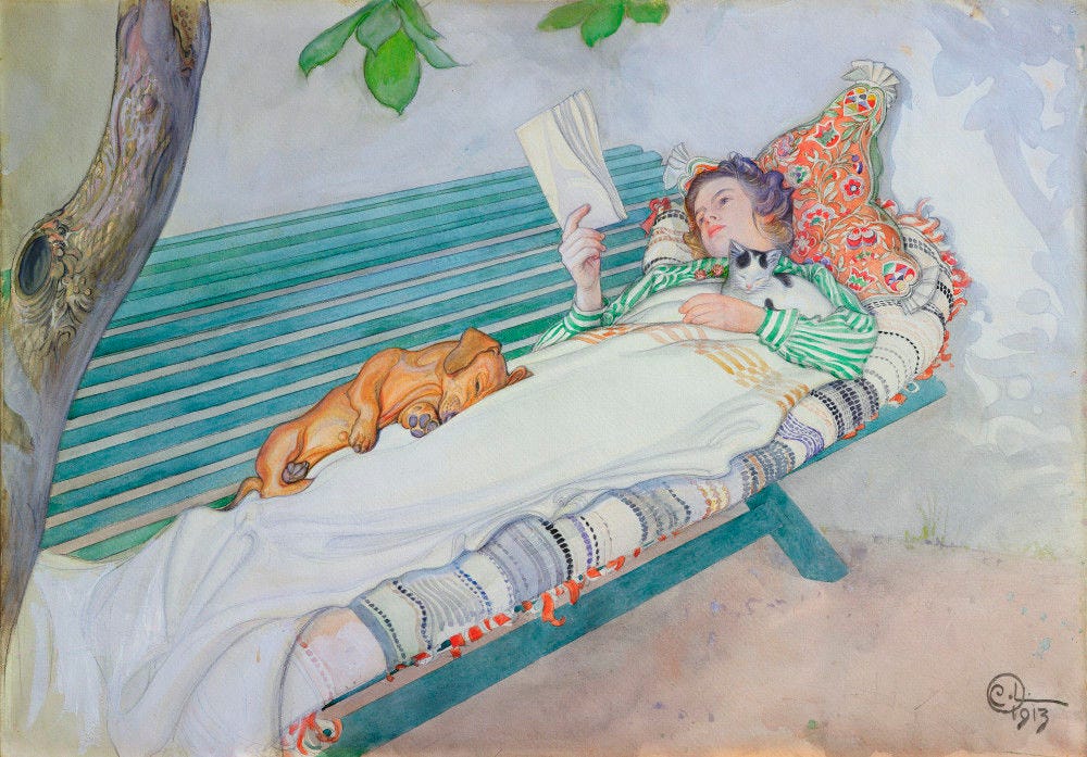 Woman Lying on a Bench, 1913 by Carl Larsson - art print from King & McGaw Woman Lying on a Bench, 1913 by Carl Larsson - art print from King & McGaw