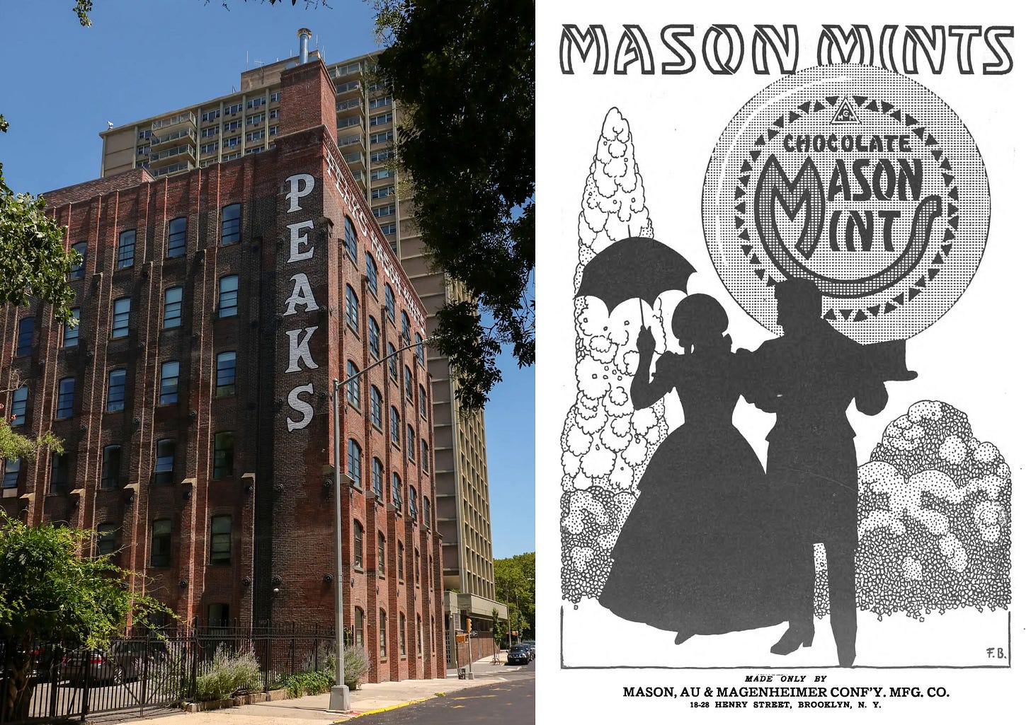 a collage showing the brick factory building in 2018 and a vintage black and white ad with a couple and the words mason mints a collage showing the brick factory building in 2018 and a vintage black and white ad with a couple and the words mason mints