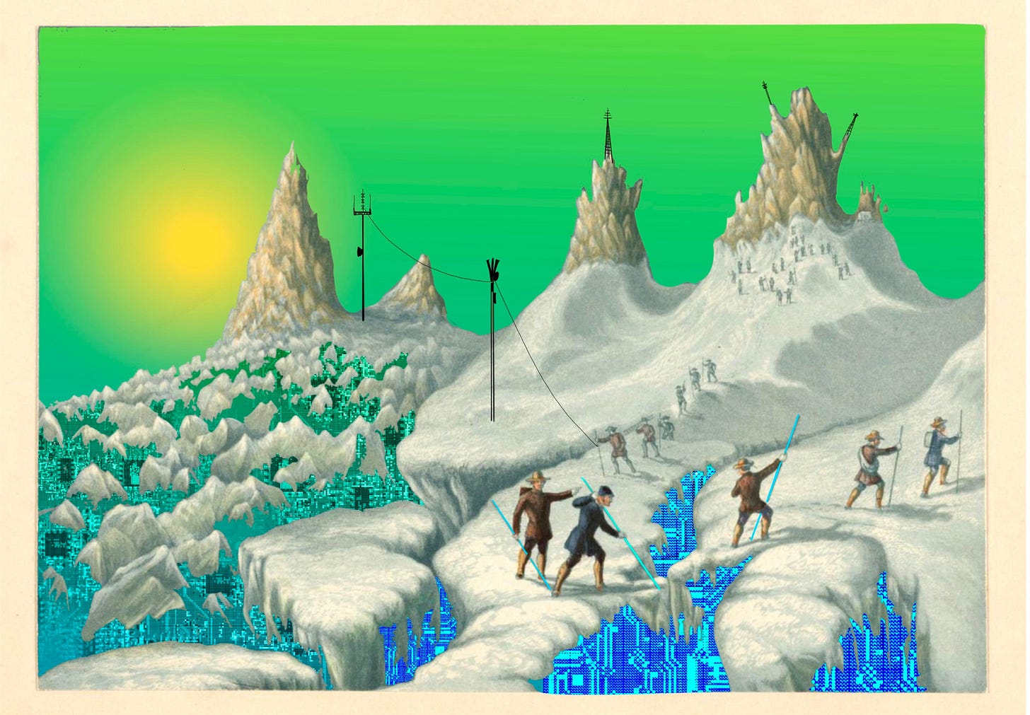 A snowy landscape with icy cliffs and towering mountains. Several explorers are shown climbing and navigating the snowy terrain, some using ropes to bridge gaps. Below the cliffs, a grid of blue electric circuits and transmission towers dot the mountains, blending the natural and technological elements of the scene. The sky is a vividly toxic green, with a orange sun glowing in the background.
