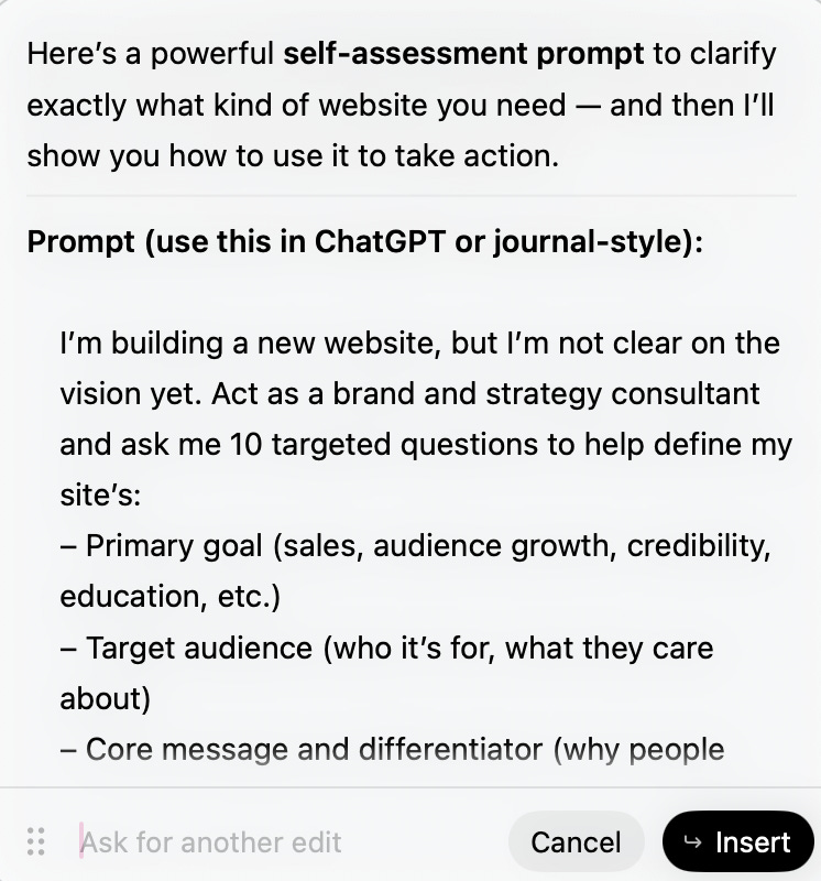 Screenshot of the ChatGPT Atlas inline editor displaying a self-assessment prompt for defining a website’s purpose. The prompt asks about the site’s primary goal, target audience, and core message, illustrating how users can generate and edit prompts directly inside the browser.