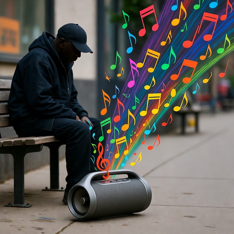 A man sits on a bench with a loudspeaker projecting musical notes in a surreal urban scene. A man sits on a bench with a loudspeaker projecting musical notes in a surreal urban scene.
