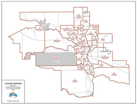 Calgary, Edmonton and smaller city maps supported by the minority of the Electoral Boundaries Commission.
