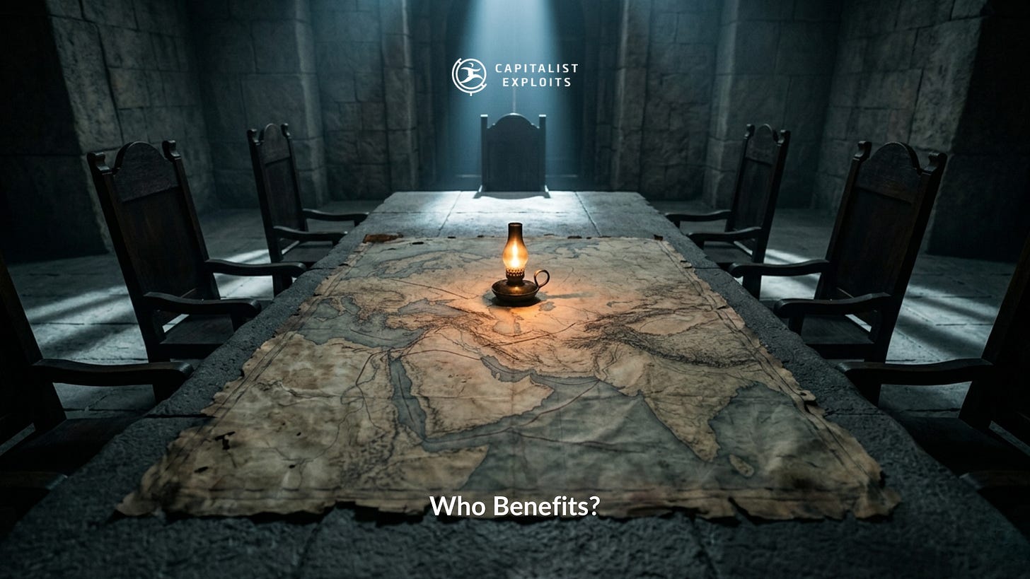 Dark medieval meeting room with map table, oil lamp, empty chairs and throne Dark medieval meeting room with map table, oil lamp, empty chairs and throne