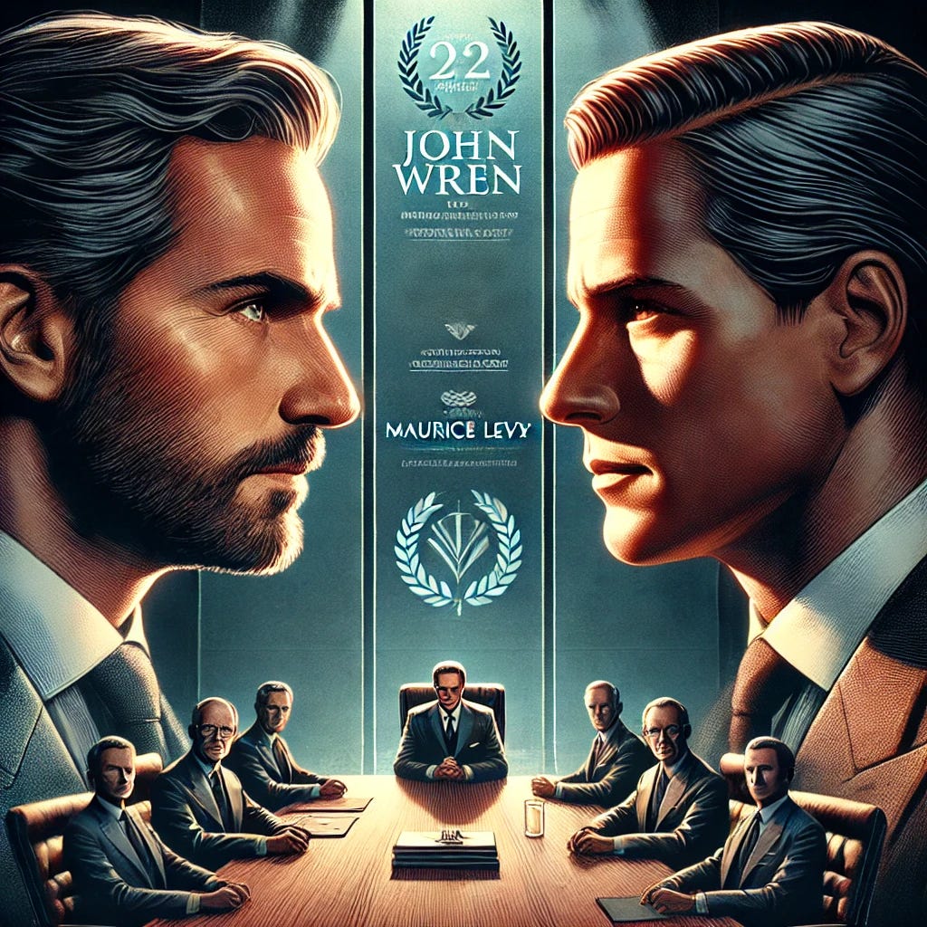 A dramatic and intense illustration of two business figures, symbolizing John Wren and Maurice Levy, facing off in a tense stare-down. The scene is set in a corporate environment, with a boardroom or office backdrop featuring subtle branding elements suggesting their respective companies. Their expressions are serious, conveying competition and rivalry, with a cinematic atmosphere that includes moody lighting and a focus on their intense expressions. The overall tone is professional yet charged with tension. A dramatic and intense illustration of two business figures, symbolizing John Wren and Maurice Levy, facing off in a tense stare-down. The scene is set in a corporate environment, with a boardroom or office backdrop featuring subtle branding elements suggesting their respective companies. Their expressions are serious, conveying competition and rivalry, with a cinematic atmosphere that includes moody lighting and a focus on their intense expressions. The overall tone is professional yet charged with tension.