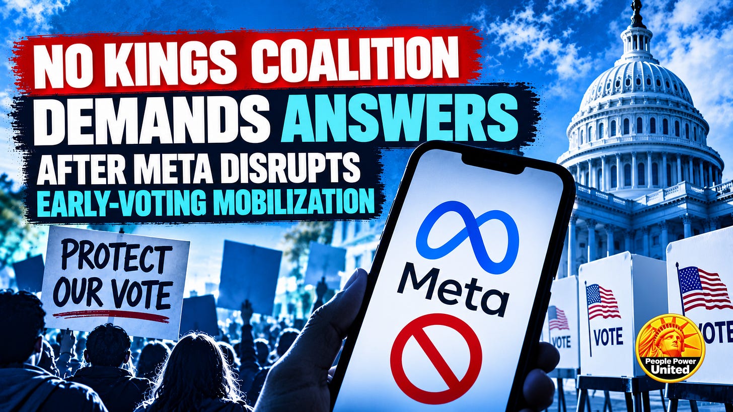 No Kings coalition demands answers after Meta disrupts early-voting mobilization.