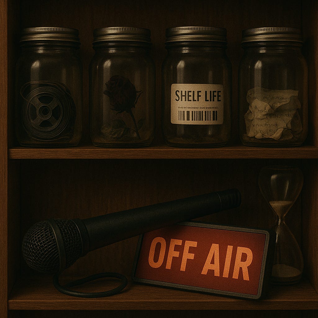 A book shelf with jars with three jars on the top row. One jar has an old film reel, the second a rose, the third a rock with a sticker that says shelf life. On the second bottom shelf a microphone, hourglass, and a sign that says off air. A book shelf with jars with three jars on the top row. One jar has an old film reel, the second a rose, the third a rock with a sticker that says shelf life. On the second bottom shelf a microphone, hourglass, and a sign that says off air.