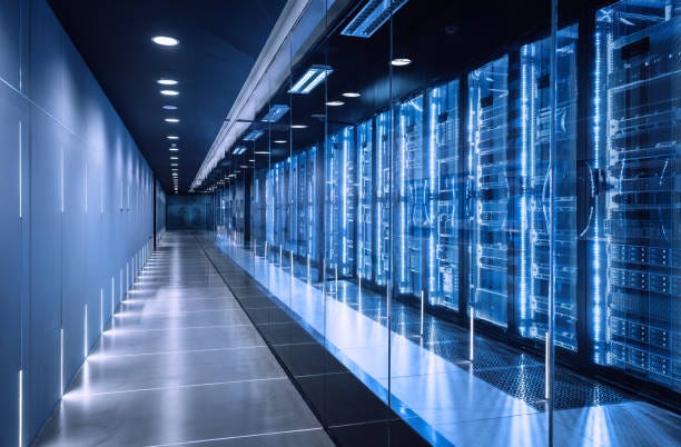 high-tech data center with server racks - data centre stock pictures, royalty-free photos & images