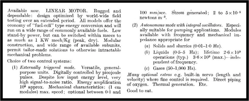 Available now: LINEAR MOTOR. Text describing magnificent properties and control of this motor. Ending in give-away phrase 'Good to eat'! Available now: LINEAR MOTOR. Text describing magnificent properties and control of this motor. Ending in give-away phrase 'Good to eat'!