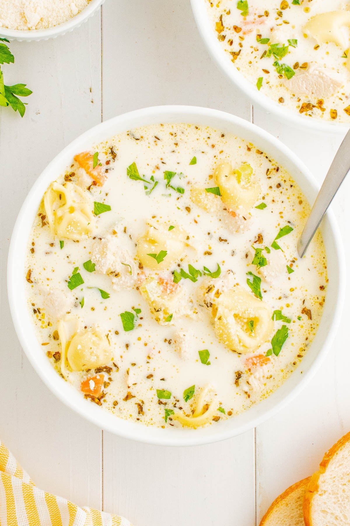 Creamy Chicken Tortellini Soup in a bowl. Creamy Chicken Tortellini Soup in a bowl.
