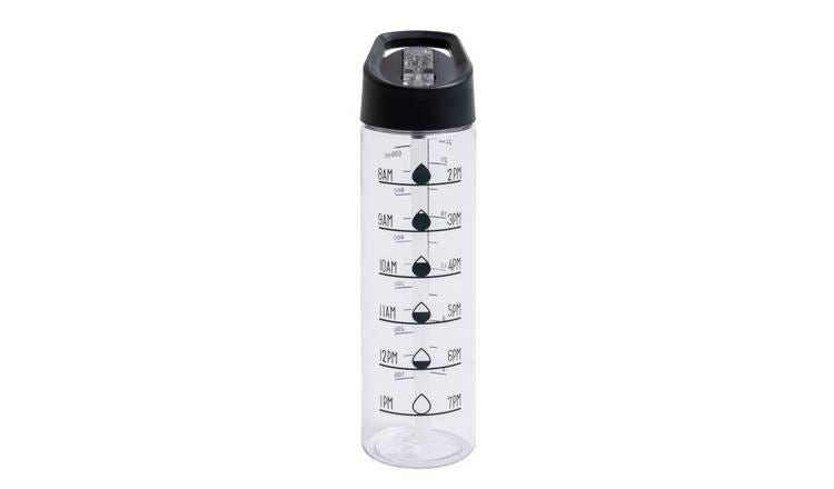 a clear water bottle with a black lid, with time labels along the front (8am, 9am, 10am, and so on, up until 7pm). a clear water bottle with a black lid, with time labels along the front (8am, 9am, 10am, and so on, up until 7pm).