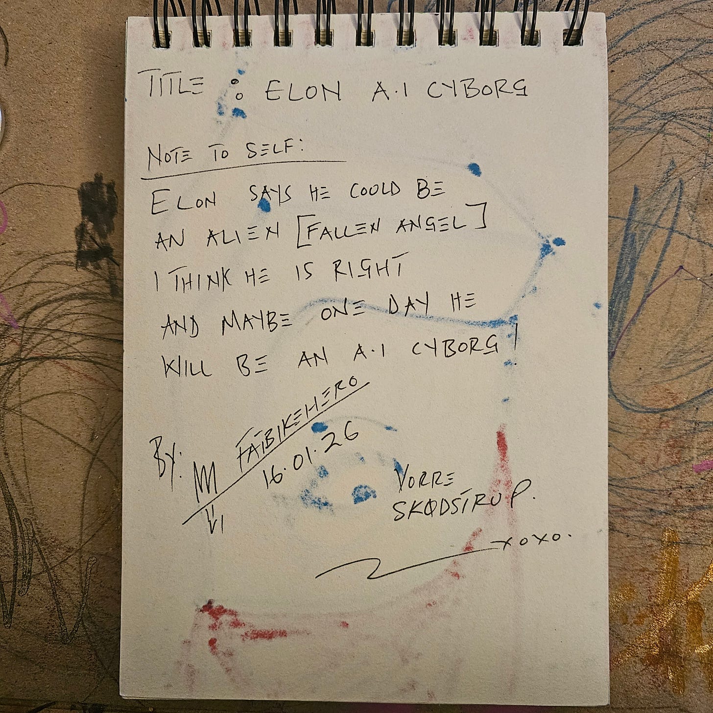  Alt Text: The back of a sketchbook page featuring handwritten notes in black ink. It reads "TITLE: ELON A.I CYBORG" followed by a note about Elon Musk saying he could be an alien or fallen angel. Signed by FatbikeHero, dated 16.01.26, location Vorre Skødstrup.