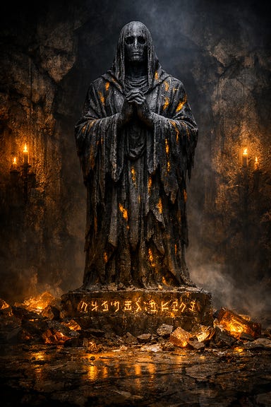 Central statue of the Amber Temple, towering faceless robed figure carved from blackened stone veined with amber, hands folded, mouth sealed, hollow eyes, glyphs glowing faintly with corruption, shattered amber reflecting sickly light, Barovian Gothic atmosphere Central statue of the Amber Temple, towering faceless robed figure carved from blackened stone veined with amber, hands folded, mouth sealed, hollow eyes, glyphs glowing faintly with corruption, shattered amber reflecting sickly light, Barovian Gothic atmosphere
