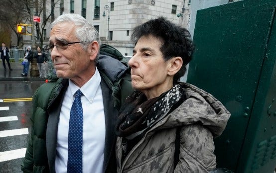 FTX's former CEO and founder Sam Bankman-Fried's mother, Barbara Fried (R), and his father, Joseph Bankman, leave Manhattan Federal Court after his sentencing at Manhattan Federal Court in New York City on March 28, 2024. Disgraced cryptocurrency wunderkind Sam Bankman-Fried was sentenced to 25 years in jail on Thursday following his conviction in one of the biggest financial fraud cases in history. (Photo by TIMOTHY A. CLARY / AFP) (Photo by TIMOTHY A. CLARY/AFP via Getty Images)