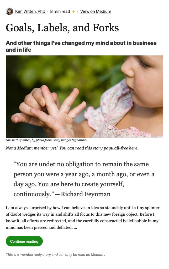 Screenshot of the Goals, Labels, Forks article preview in Medium