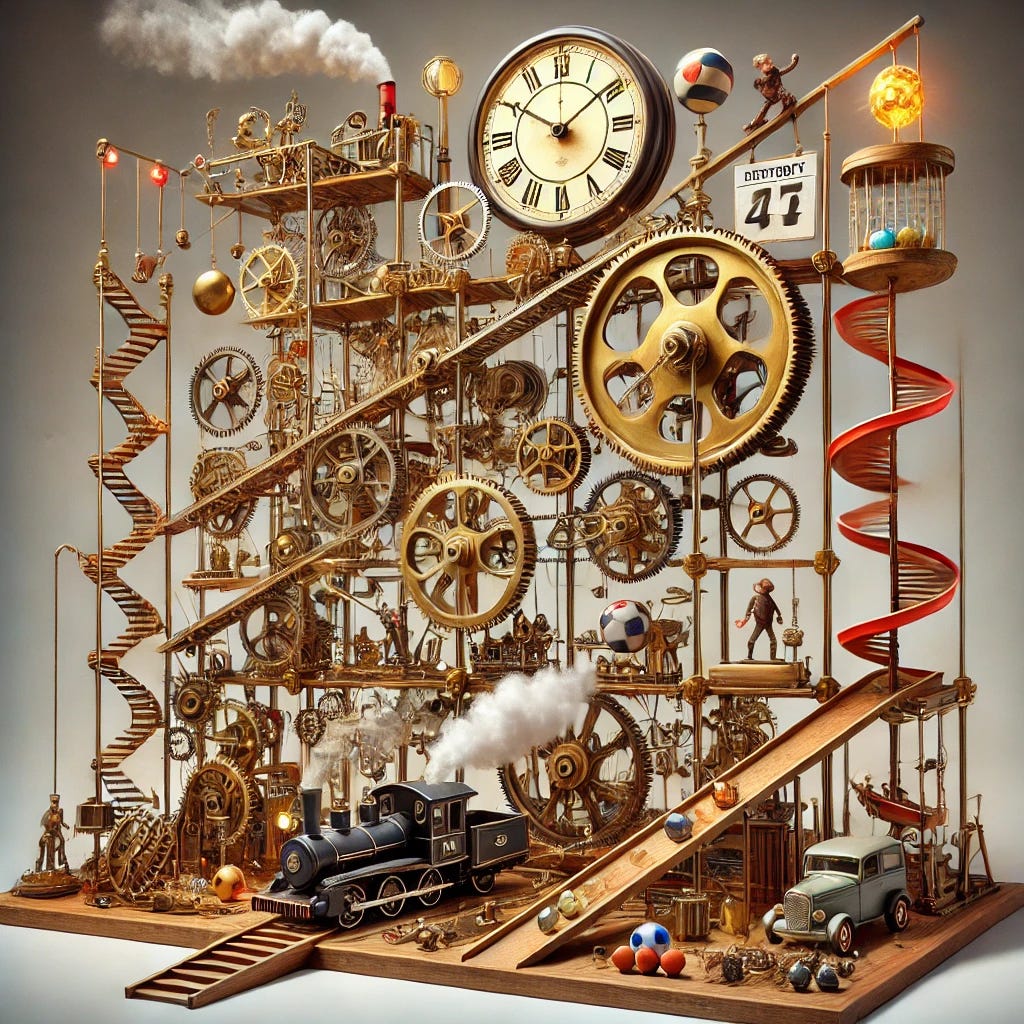 A highly detailed and whimsical Rube Goldberg-style machine representing a schedule running on autopilot, now incorporating a steam engine puffing out clouds of steam, a flashing police siren, and a classic wind-up monkey clapping cymbals. The intricate contraption features large interconnected gears, spinning wheels, and cascading chain reactions of automated tasks. Springs launch pinballs into motion, levers drop weights onto see-saws, and domino-like elements trigger various actions, all working in perfect harmony. The entire machine is illuminated with a warm, golden glow, symbolizing precision and efficiency. Clock faces and calendar symbols are integrated into the gears to reinforce the theme of time automation, while the steam engine powers part of the system, adding an old-world mechanical feel.