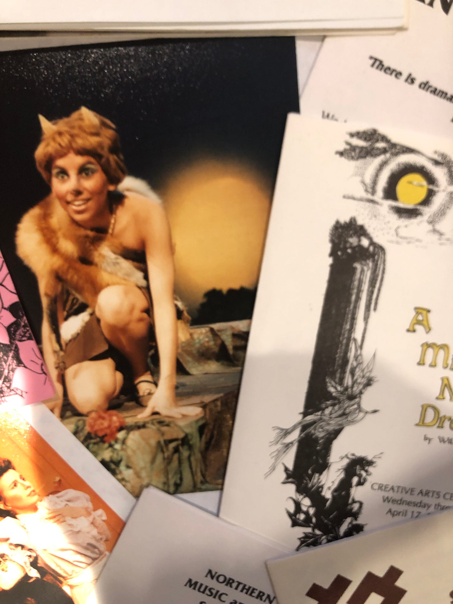 Programs from college theatre productions, and photos of an actress as "Puck" and a jealous wife.
