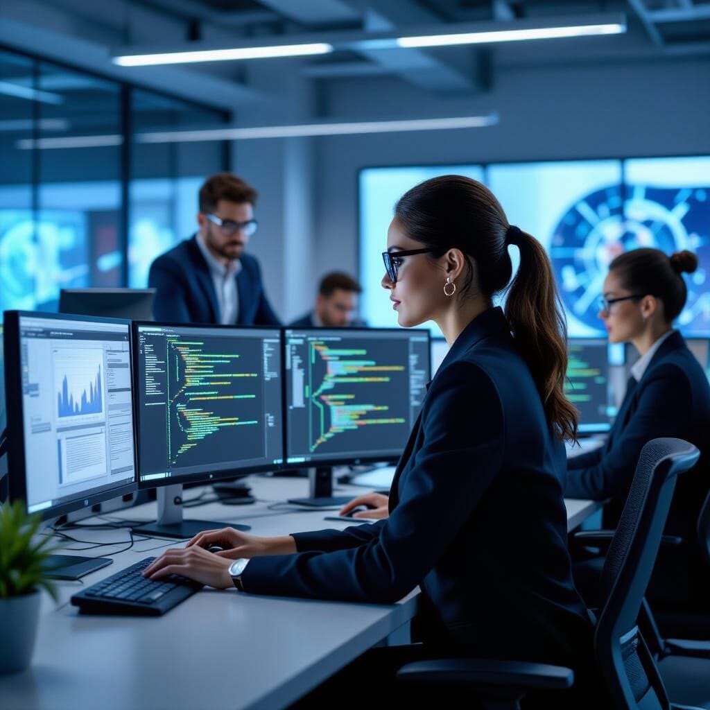 "Programming specialists reviewing side-by-side VQE implementations across all three platforms, collaborative workspace ...