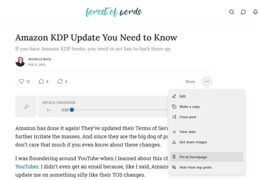 A screenshot of a computer
AI-generated content may be incorrect. screenshot showing how to pin a post on substack