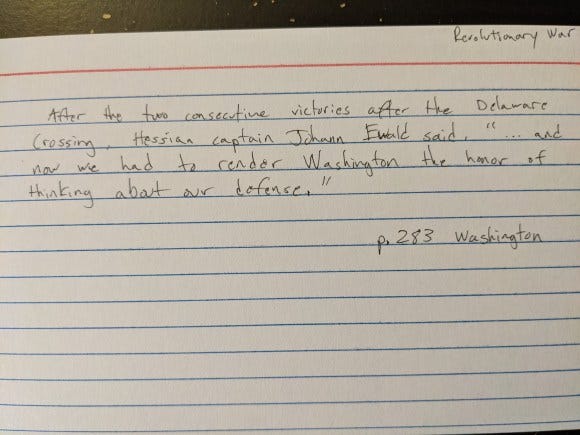 Index card with a note about Washington