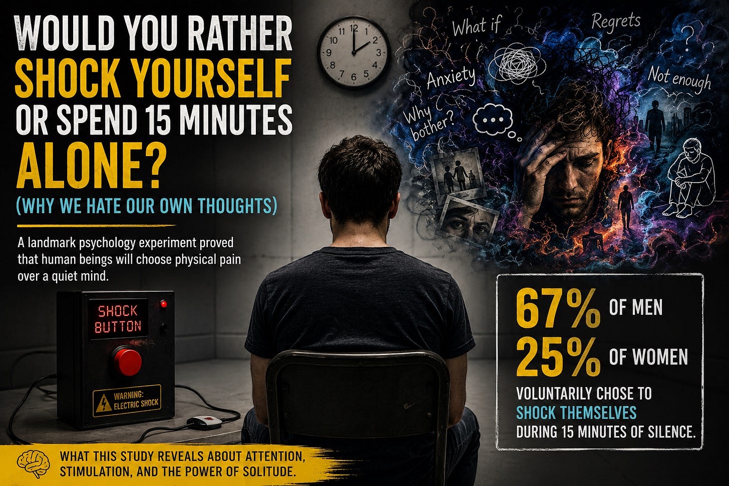 A solitary man sits in a bare room facing a wall while a device with a large red shock button rests on a table beside him. Above him, swirling illustrations of anxious thoughts, regrets, and questions fill the wall, symbolizing the mental discomfort of being alone with one's thoughts. Bold text highlights the famous psychology experiment in which many participants chose to shock themselves rather than sit quietly for 15 minutes.