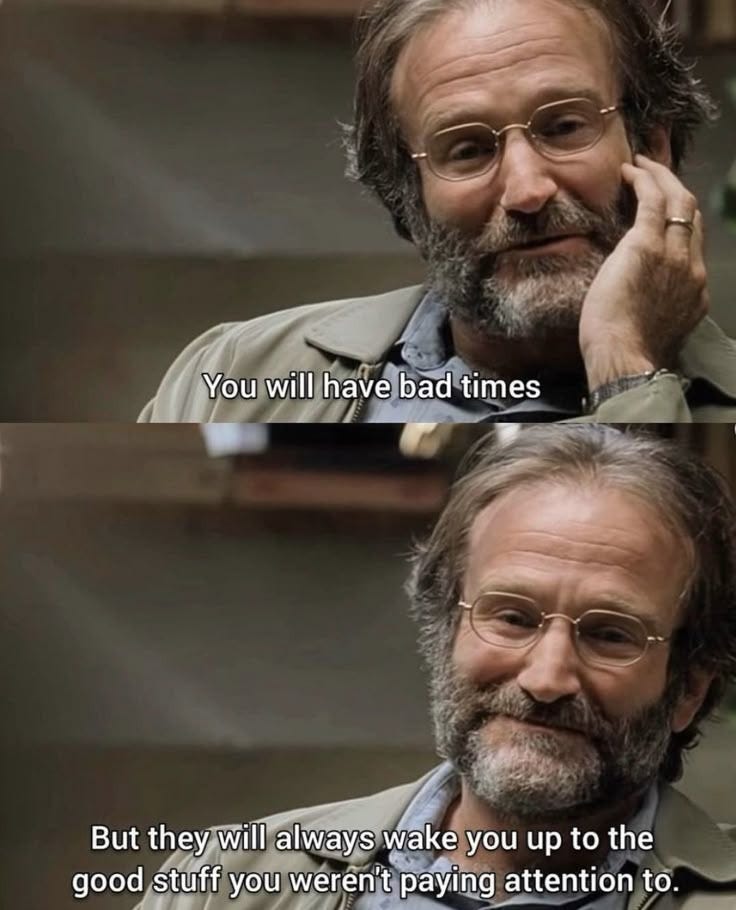 This may contain: an older man with glasses is talking on his cell phone and the caption says, you will have bad times but they will always wake up to the good stuff