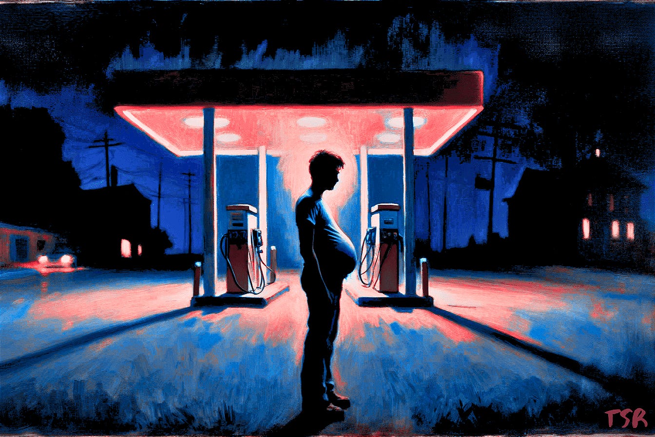 Semi-dark, blue-and-pink gas station at night with the silhouette of a young, boyish, pregnant trans man in a T-shirt, capturing a moment of tension and dread; painterly brush strokes.
