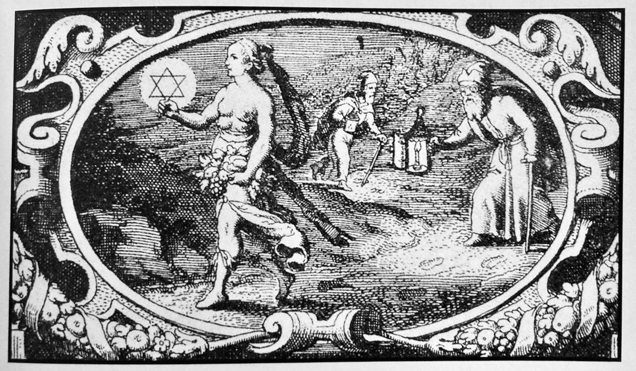A woodcut print of two philosophers with beards, canes, and lanterns following the footprints of a woman representing the Anima Mundi into the wilderness. The woman has four breasts and holds a bundle of flowers and fruits in her left hand and a glowing hexagram in her right hand.