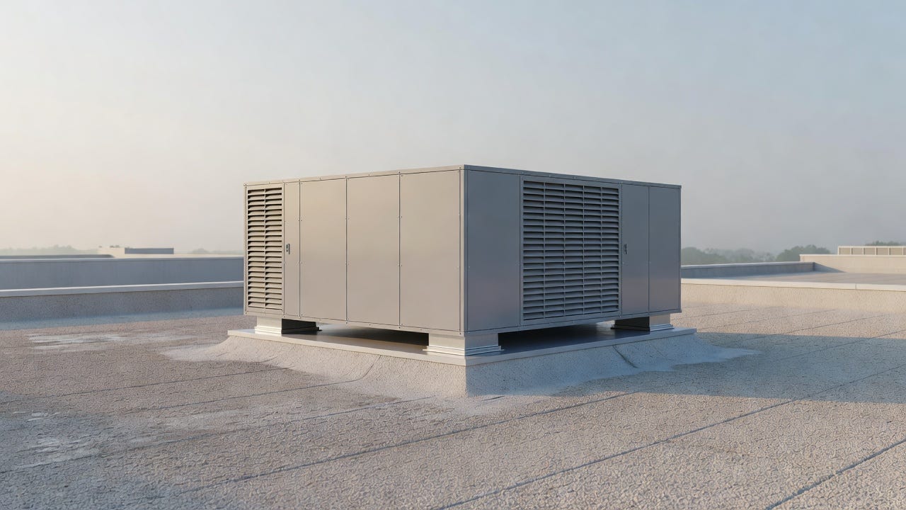 A commercial packaged rooftop unit on a flat roof under a hazy, humid summer sky — the equipment class selected for both zones. A commercial packaged rooftop unit on a flat roof under a hazy, humid summer sky — the equipment class selected for both zones.