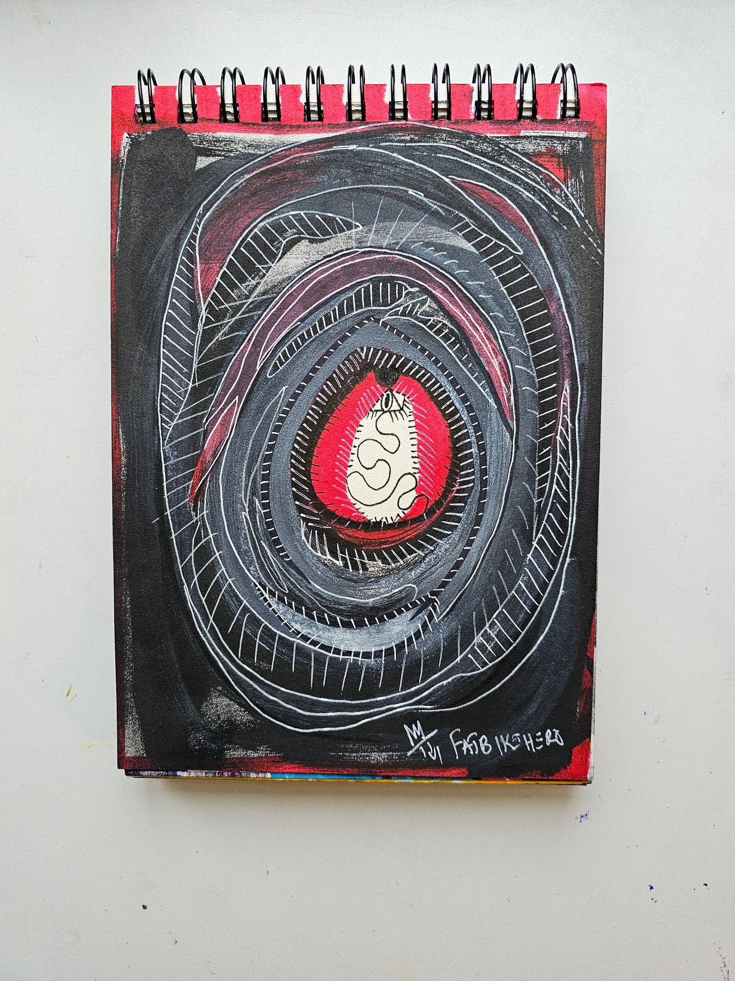 Alt Text: A dark, abstract mixed media drawing by FatbikeHero featuring a swirling black and grey vortex with white skeletal lines. At the center is a bright red oval shape resembling an eye or egg, containing a pale, squiggly embryonic figure with a single eye.