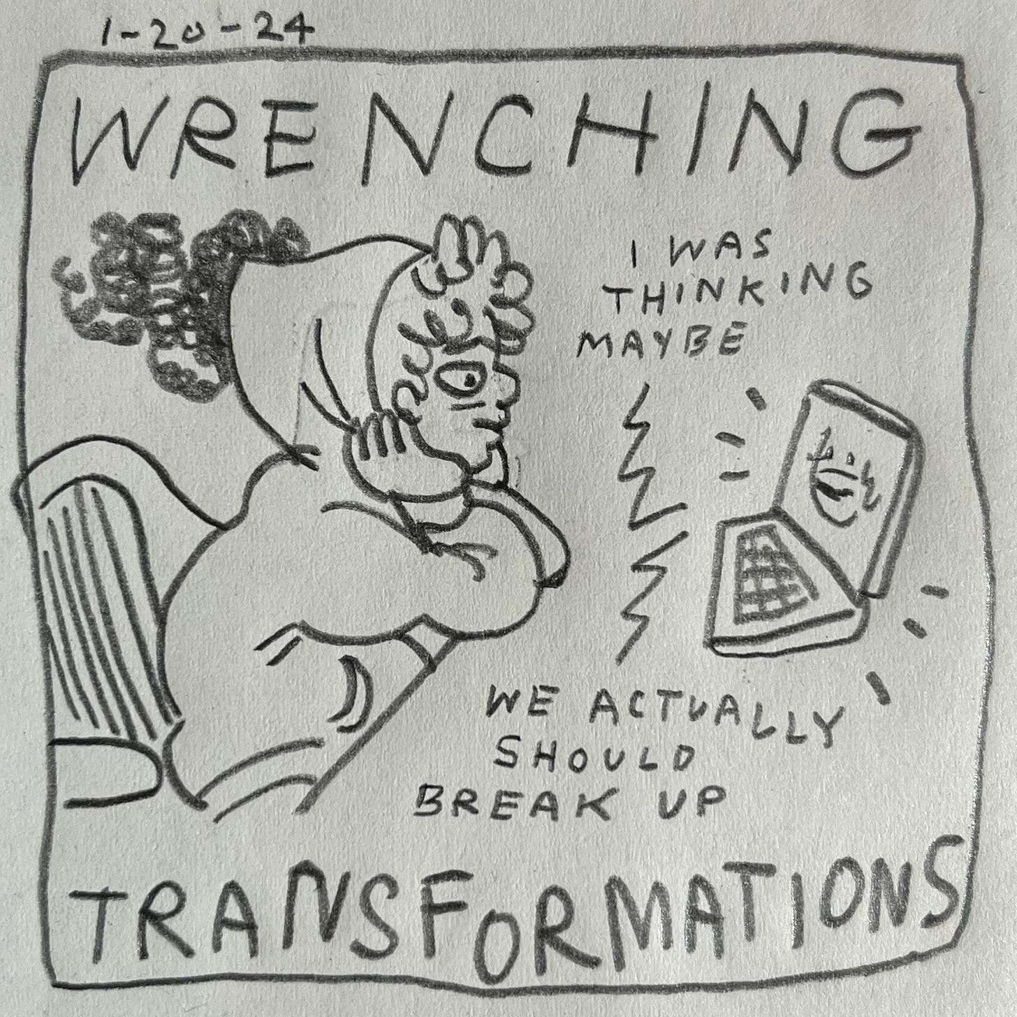 Panel 1: wrenching transformations Image: Lark sits at a table facing their open laptop, listening to someone on-screen. Lark is blushing, chin in hands, with a dark cloud behind the head of their hoodie. The voice on the computer says, "I was thinking maybe we actually should break up"