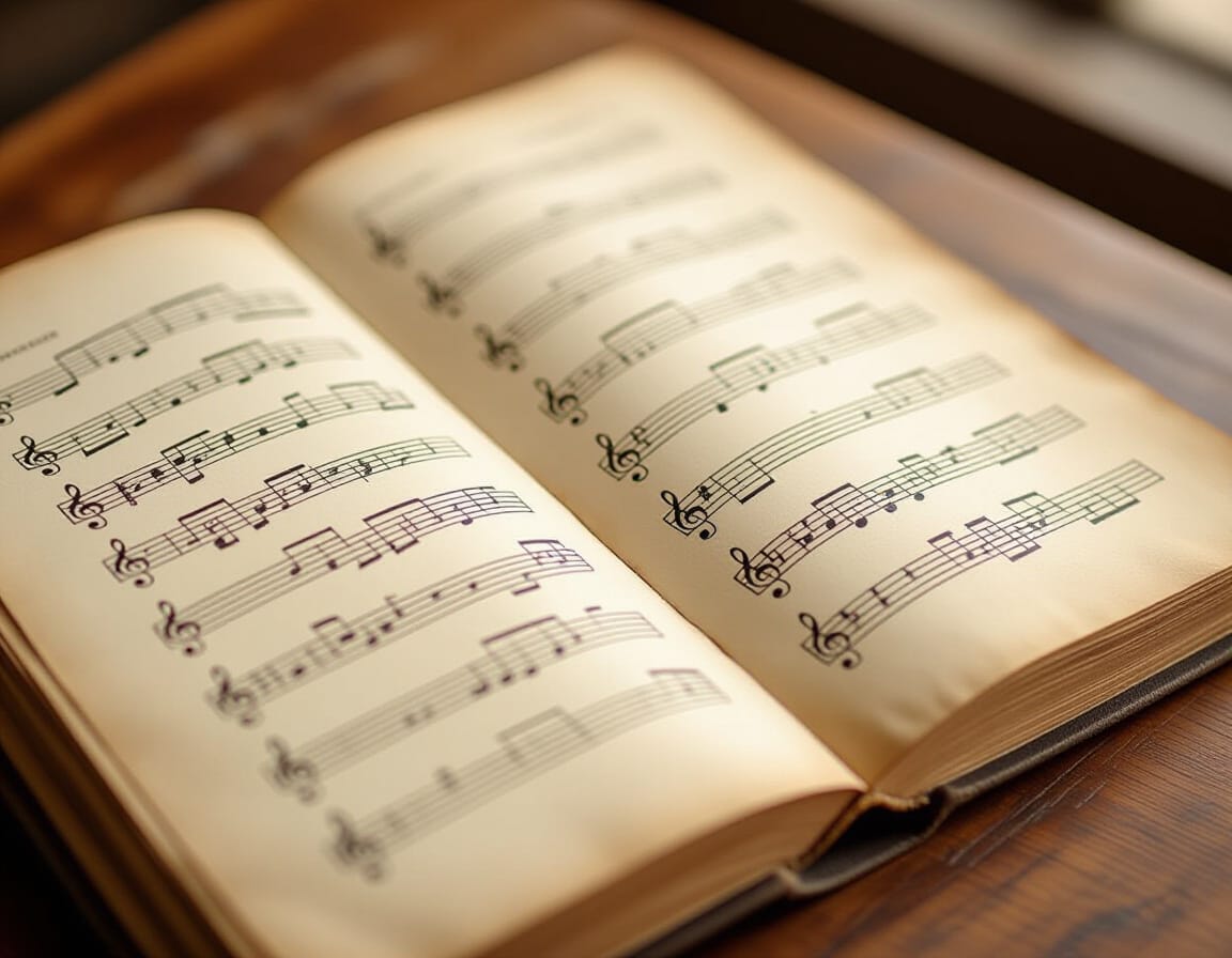 An open vintage book rests on a wooden surface, displaying pages of neatly printed sheet music. The warm, soft lighting highlights the aged cream-colored paper and creates a calm, nostalgic atmosphere.