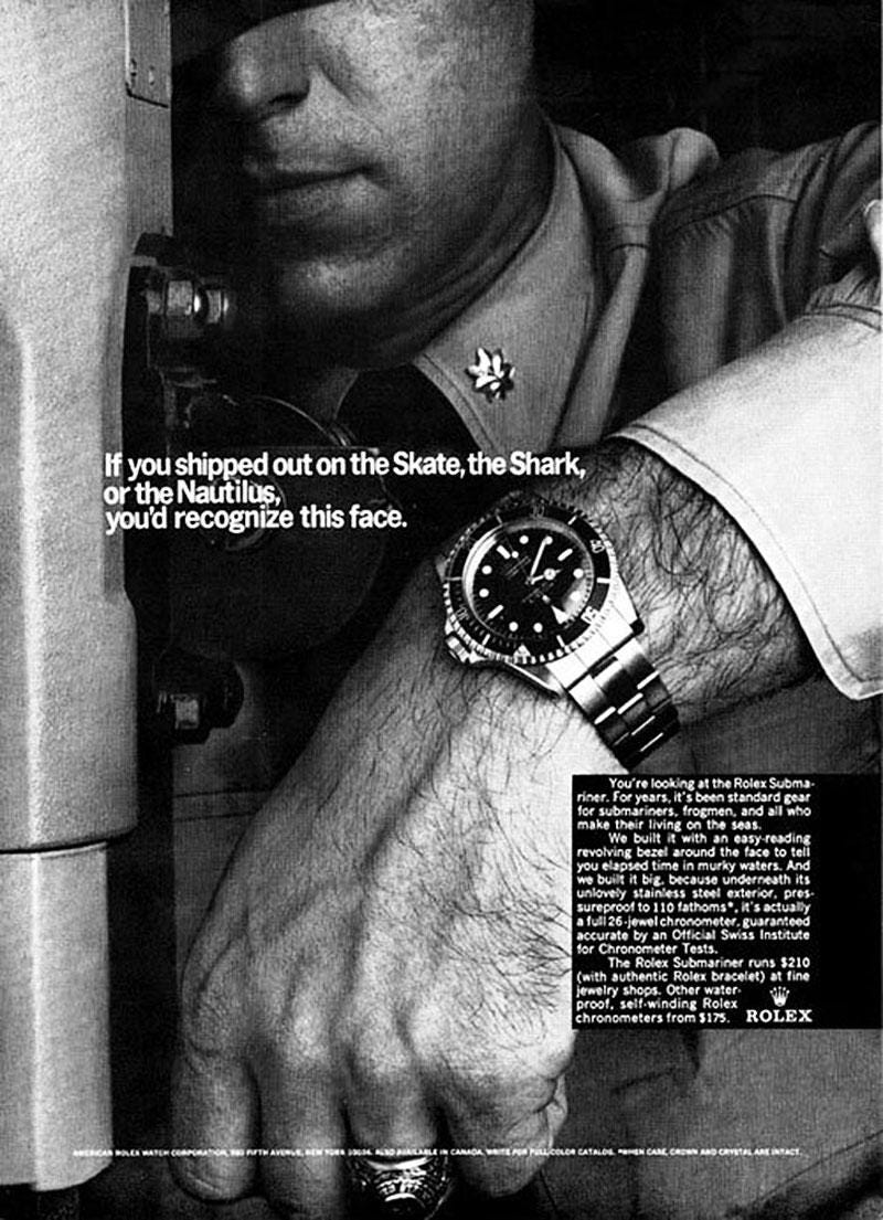 Un annuncio di un Rolex Submariner degli anni '70 (forse). Notare il prezzo  di $210. "Stai guardando il Rolex Submariner. Per anni, è stato  l'equipaggiamento standard per subacquei, uomini rana e tutti