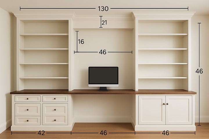 Four images showing the progression of a built-in desk and shelving design: a rough pencil sketch, a detailed line drawing with dimensions, a 3D rendering in white with measurements, and a final rendering in blue with a walnut desktop.