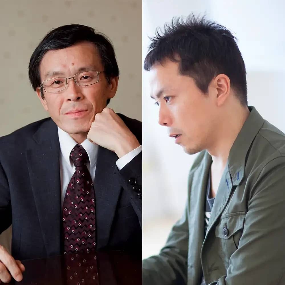 A split image featuring two men. On the left, an older man with glasses, wearing a suit and tie, resting his chin on his hand. On the right, a younger man with short hair, wearing a casual jacket, looking intently to the side.