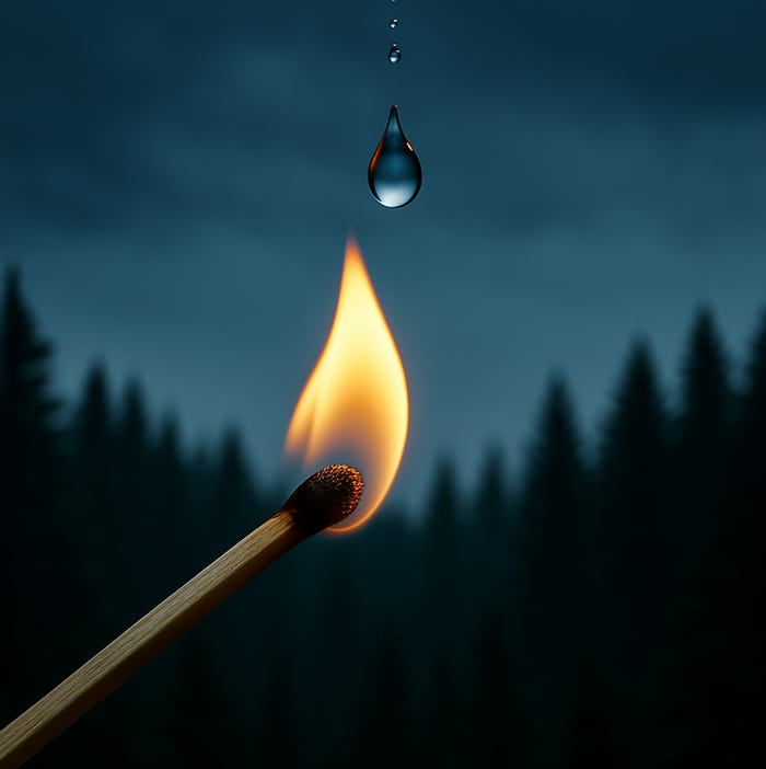 A burning match poised above a forest, with a single drop of water falling onto it—symbolizing deliberate intervention against chaos