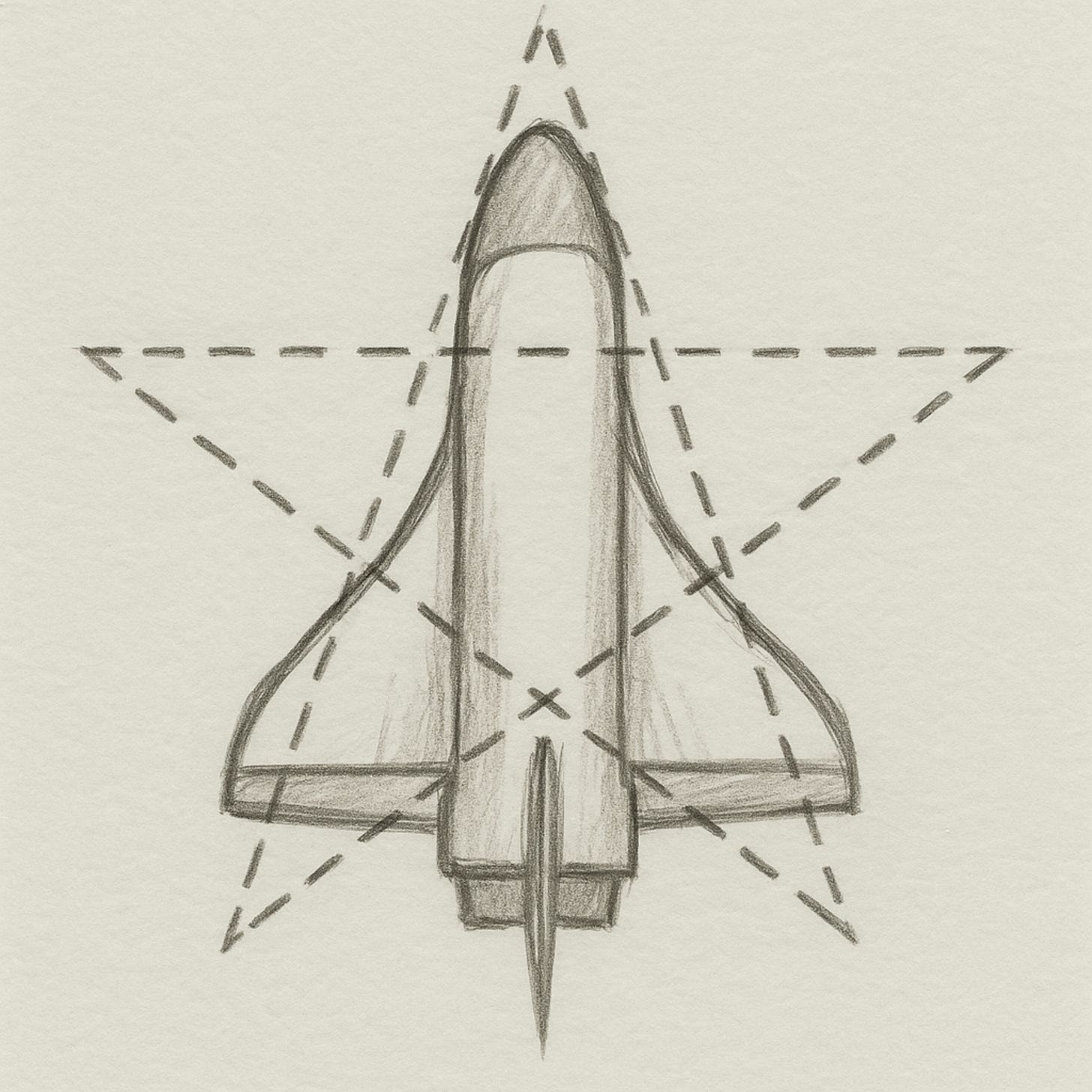 An AI Pencil drawing of a space shuttle viewed from above, overlaid with a dashed pentacle shape and dashed guide lines extending past the wings.