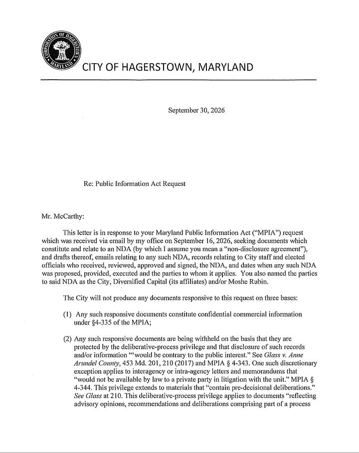 Jason Morton, Hagerstown City Attorney, Scott Nicewarmer City Administrator, Jill Thompson Dept of Planning and Economic Development Director Denying MPIA Request for NDA with Data Center Developer Diversified Capital